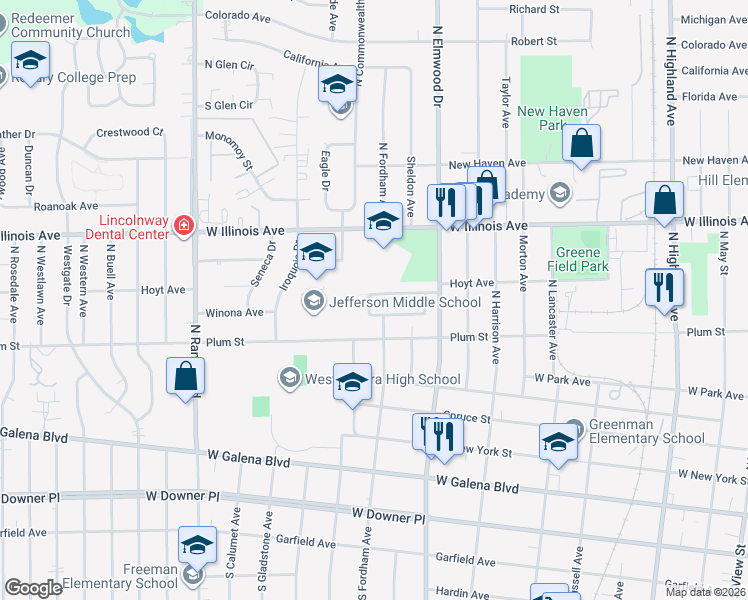 map of restaurants, bars, coffee shops, grocery stores, and more near 520 West Pleasure Court in Aurora