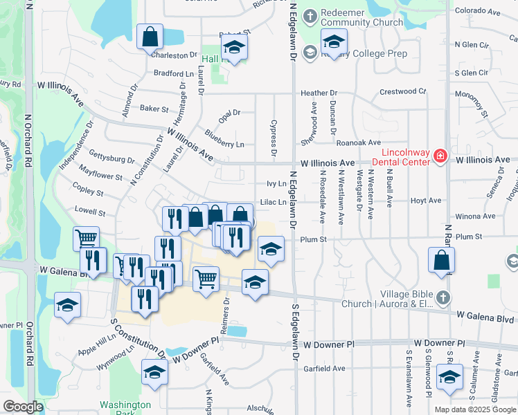 map of restaurants, bars, coffee shops, grocery stores, and more near 550 Redwood Drive in Aurora