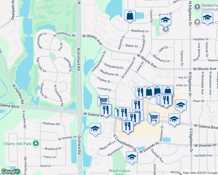 map of restaurants, bars, coffee shops, grocery stores, and more near 2258 Lowell Street in Aurora
