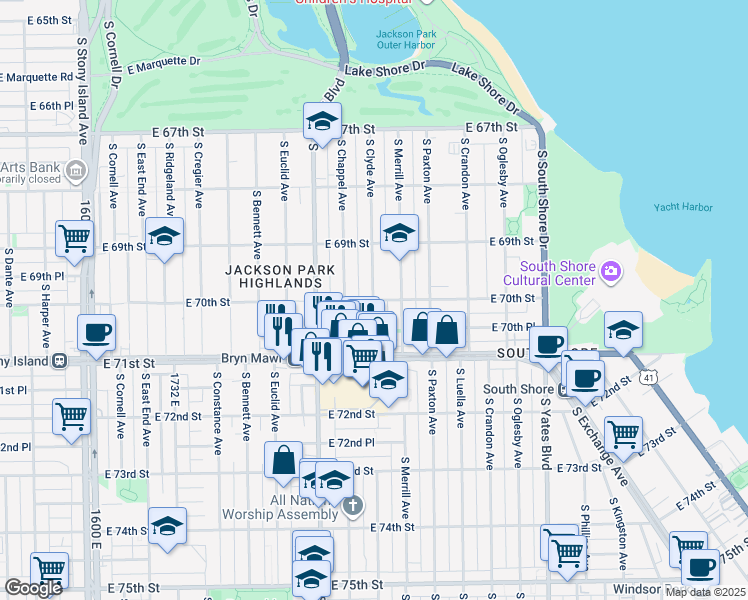 map of restaurants, bars, coffee shops, grocery stores, and more near S Clyde Ave & E 70th St in Chicago