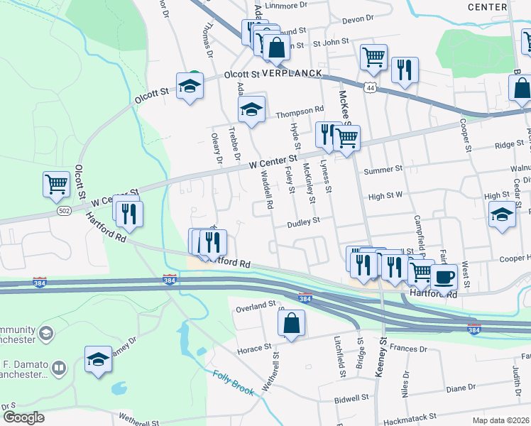 map of restaurants, bars, coffee shops, grocery stores, and more near 48 Pioneer Circle in Manchester