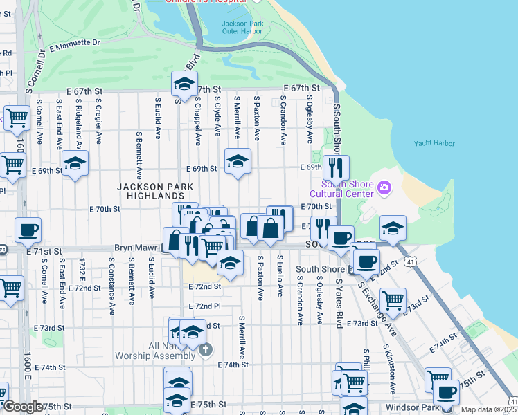 map of restaurants, bars, coffee shops, grocery stores, and more near S Paxton Ave & E 70th St in Chicago