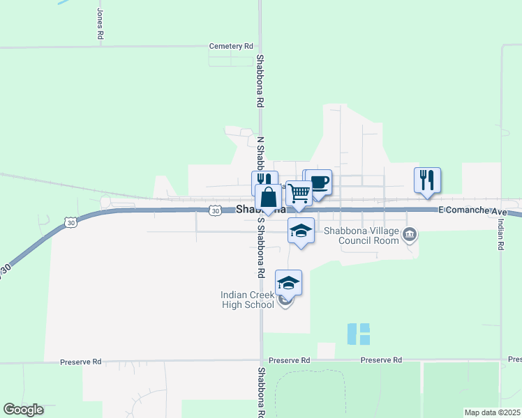 map of restaurants, bars, coffee shops, grocery stores, and more near in Shabbona