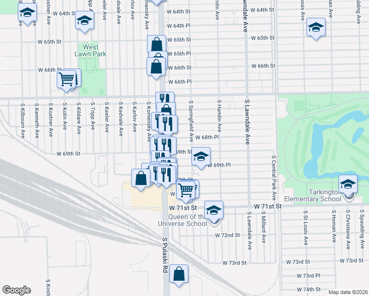 map of restaurants, bars, coffee shops, grocery stores, and more near 3859 West 69th Street in Chicago