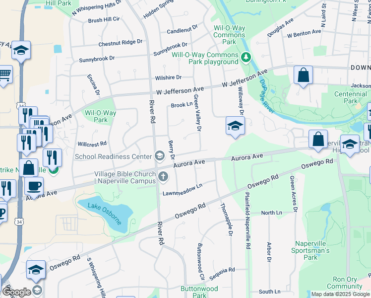 map of restaurants, bars, coffee shops, grocery stores, and more near 1216 Evergreen Avenue in Naperville