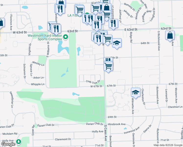 map of restaurants, bars, coffee shops, grocery stores, and more near 1519 Harvest Lane in Westmont