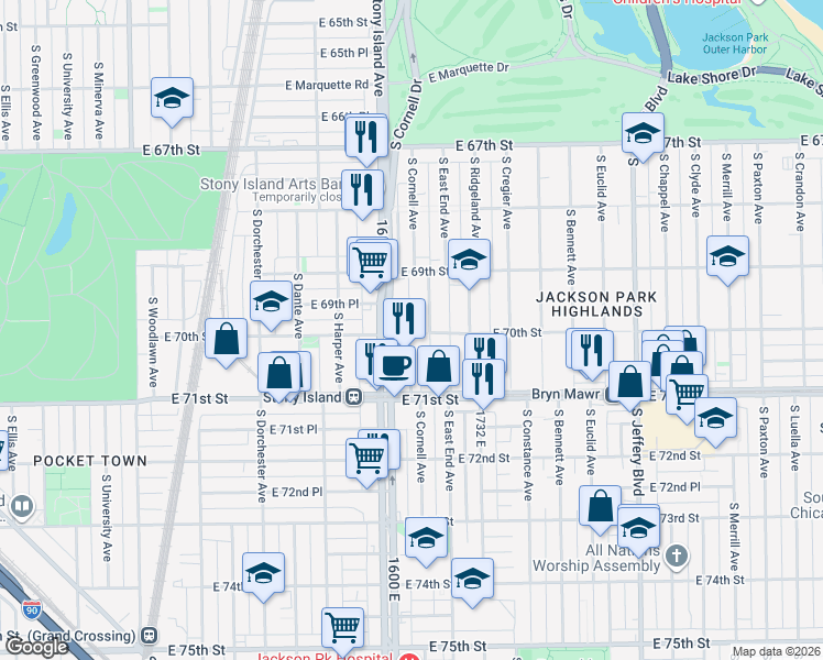 map of restaurants, bars, coffee shops, grocery stores, and more near 1618 East 70th Street in Chicago
