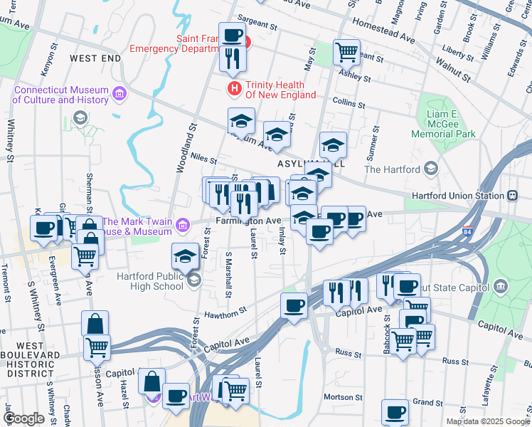 map of restaurants, bars, coffee shops, grocery stores, and more near 235 Farmington Avenue in Hartford