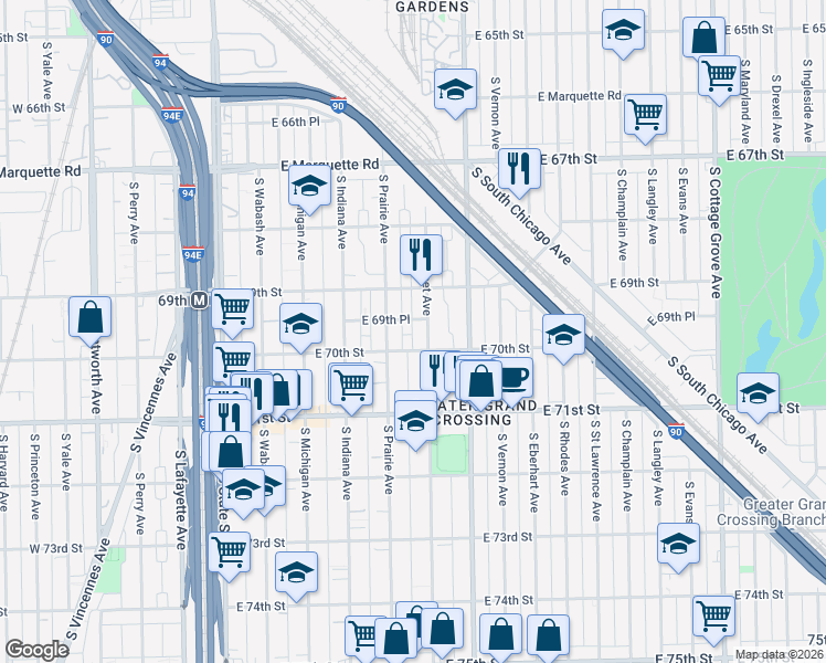 map of restaurants, bars, coffee shops, grocery stores, and more near 6816 South Perry Avenue in Chicago