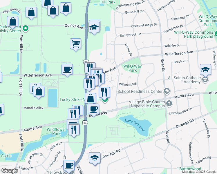 map of restaurants, bars, coffee shops, grocery stores, and more near 1580 West Ogden Avenue in Naperville