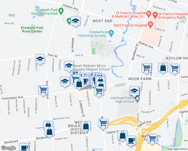 map of restaurants, bars, coffee shops, grocery stores, and more near 26 Girard Avenue in Hartford