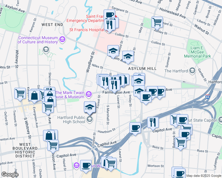 map of restaurants, bars, coffee shops, grocery stores, and more near 286 Farmington Avenue in Hartford