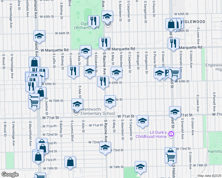 map of restaurants, bars, coffee shops, grocery stores, and more near 6941 South Racine Avenue in Chicago