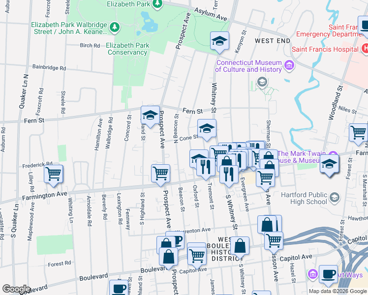 map of restaurants, bars, coffee shops, grocery stores, and more near 135 Oxford Street in Hartford