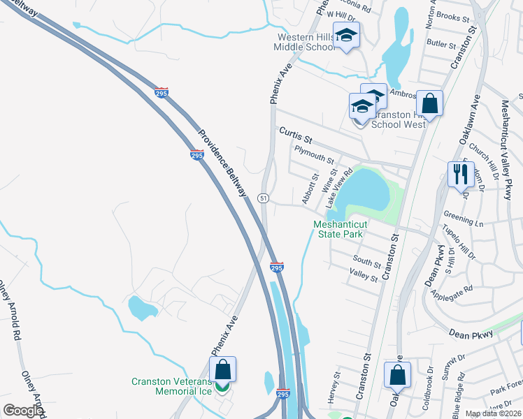 map of restaurants, bars, coffee shops, grocery stores, and more near 725 Phenix Avenue in Cranston