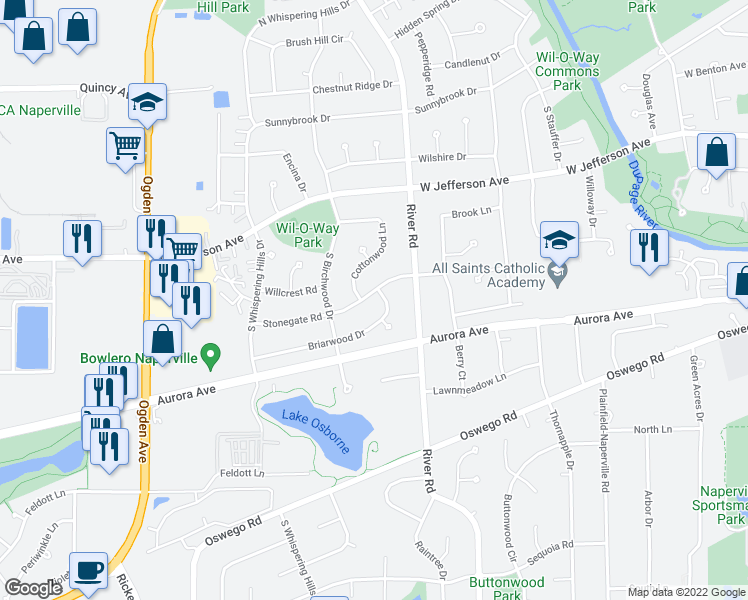 map of restaurants, bars, coffee shops, grocery stores, and more near 1332 Stonegate Road in Naperville