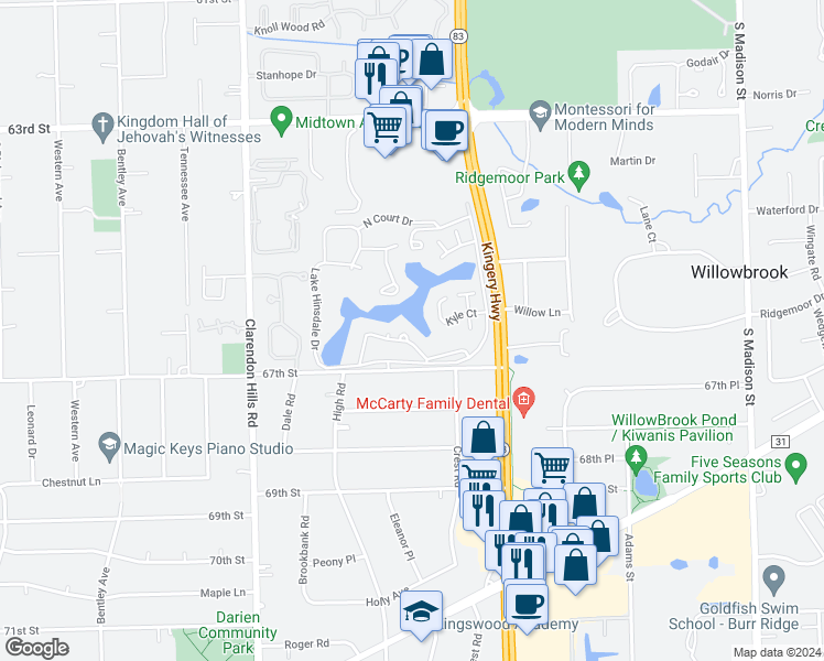 map of restaurants, bars, coffee shops, grocery stores, and more near 101 Lake Hinsdale Drive in Willowbrook
