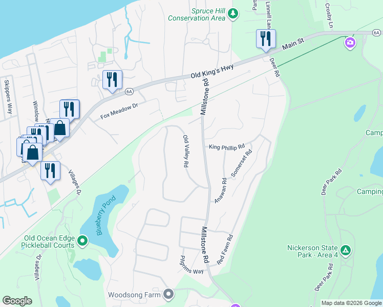 map of restaurants, bars, coffee shops, grocery stores, and more near 64 Old Valley Road in Brewster