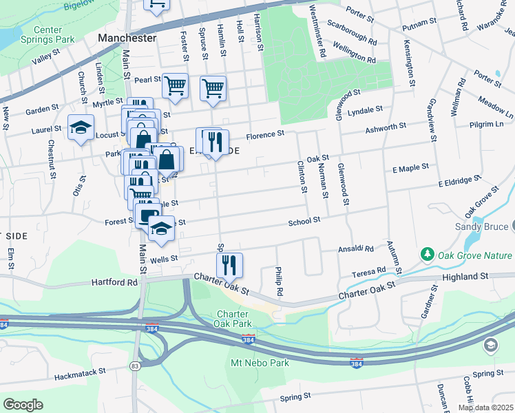 map of restaurants, bars, coffee shops, grocery stores, and more near 156 Eldridge Street in Manchester