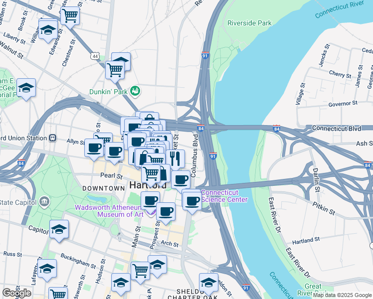 map of restaurants, bars, coffee shops, grocery stores, and more near 260 Constitution Plaza in Hartford