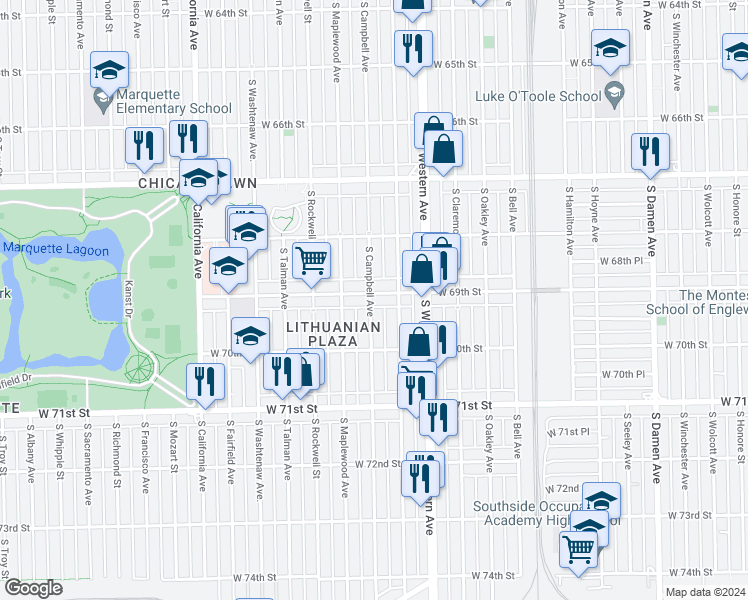 map of restaurants, bars, coffee shops, grocery stores, and more near 2457 West Lithuanian Plaza Court in Chicago