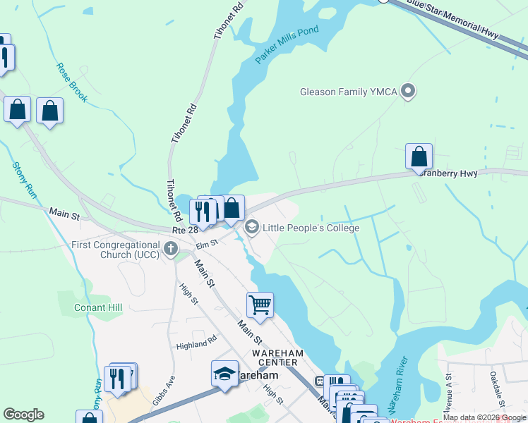 map of restaurants, bars, coffee shops, grocery stores, and more near 28 Mayflower Ridge Drive in Wareham
