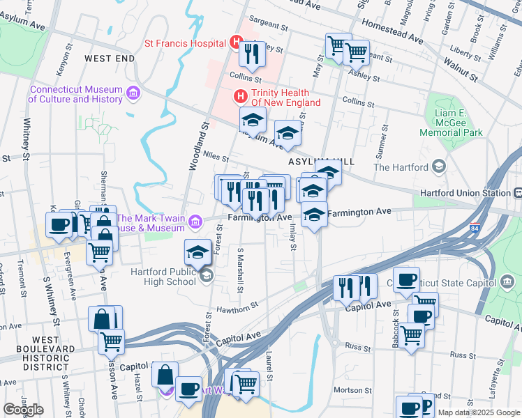 map of restaurants, bars, coffee shops, grocery stores, and more near 267 Farmington Avenue in Hartford