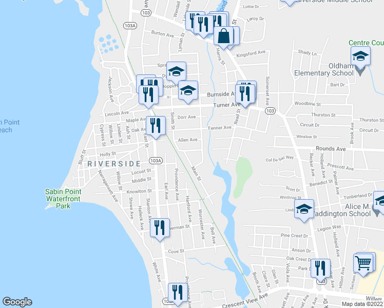 map of restaurants, bars, coffee shops, grocery stores, and more near 28 Main Street in East Providence