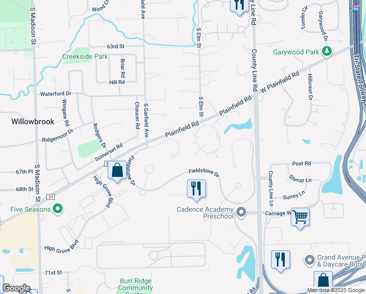 map of restaurants, bars, coffee shops, grocery stores, and more near 6718 Fieldstone Drive in Burr Ridge