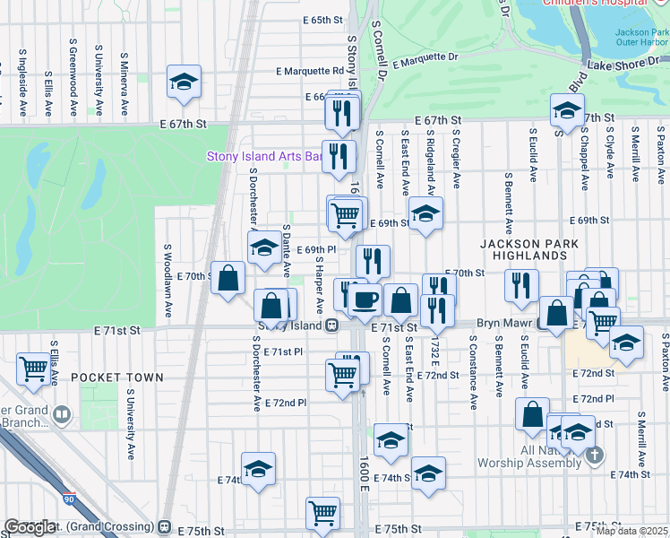 map of restaurants, bars, coffee shops, grocery stores, and more near 1516 East 70th Street in Chicago