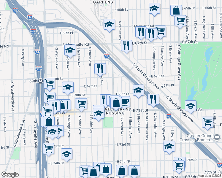 map of restaurants, bars, coffee shops, grocery stores, and more near 6940 South King Drive in Chicago