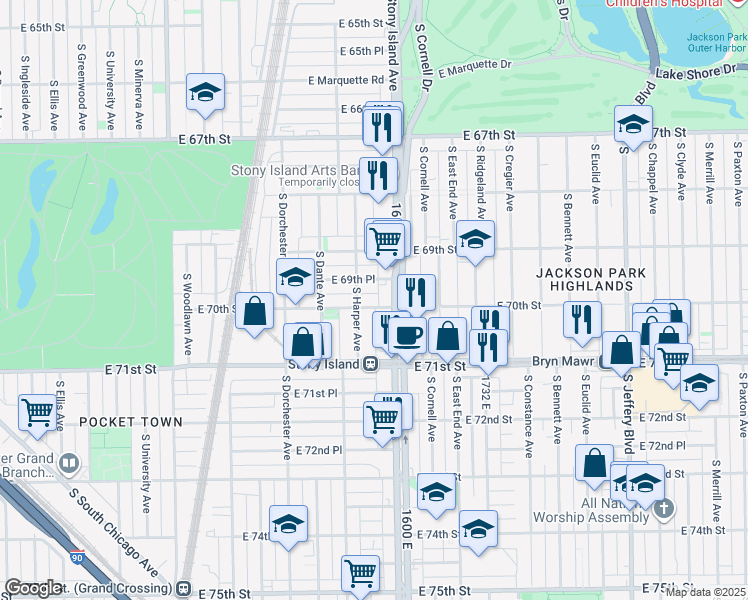 map of restaurants, bars, coffee shops, grocery stores, and more near 1516 East 70th Street in Chicago