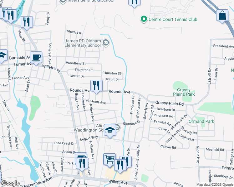 map of restaurants, bars, coffee shops, grocery stores, and more near 120 Prescott Avenue in East Providence