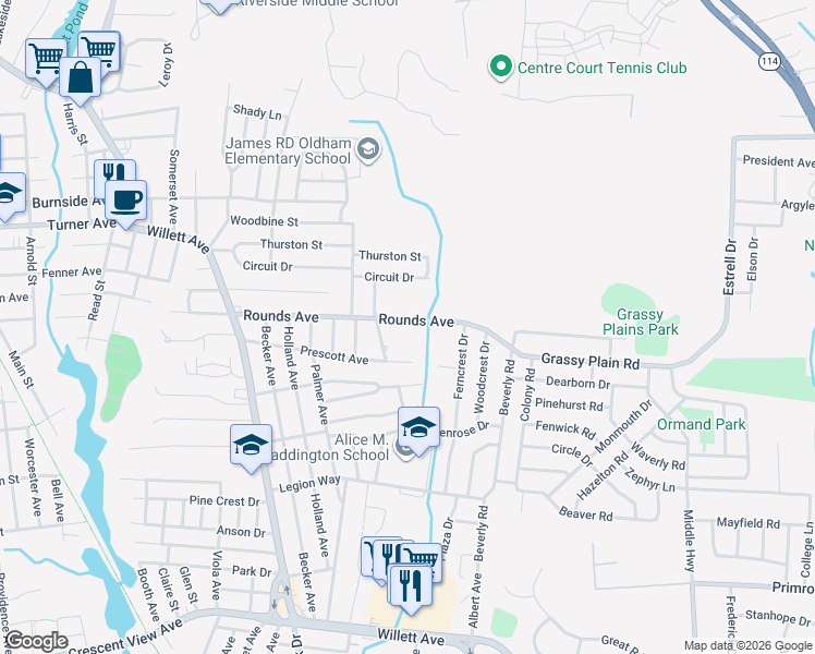 map of restaurants, bars, coffee shops, grocery stores, and more near 120 Prescott Avenue in East Providence