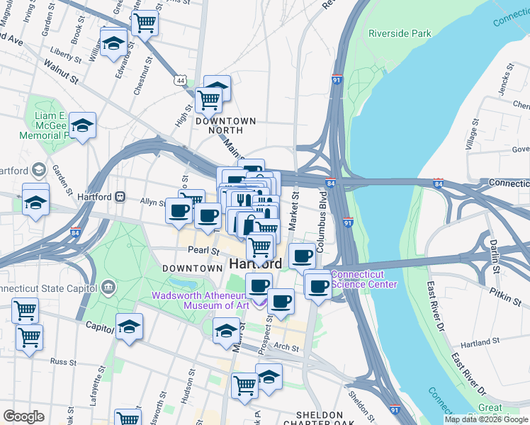 map of restaurants, bars, coffee shops, grocery stores, and more near 905 Main Street in Hartford