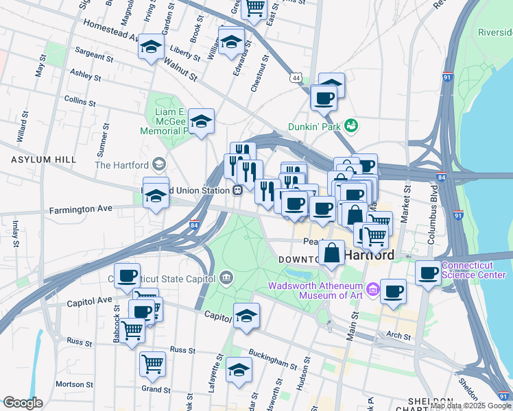map of restaurants, bars, coffee shops, grocery stores, and more near in Hartford