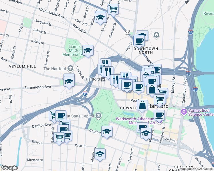 map of restaurants, bars, coffee shops, grocery stores, and more near 419 Asylum Street in Hartford