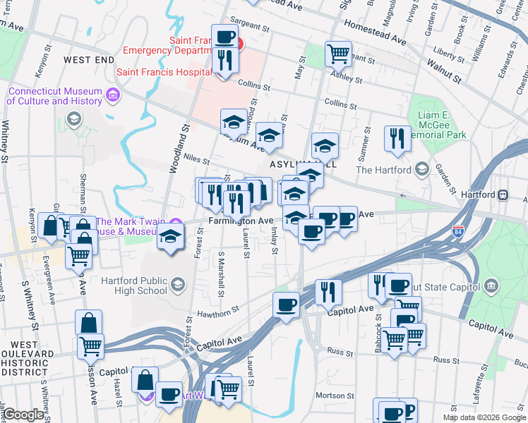 map of restaurants, bars, coffee shops, grocery stores, and more near 235 Farmington Avenue in Hartford