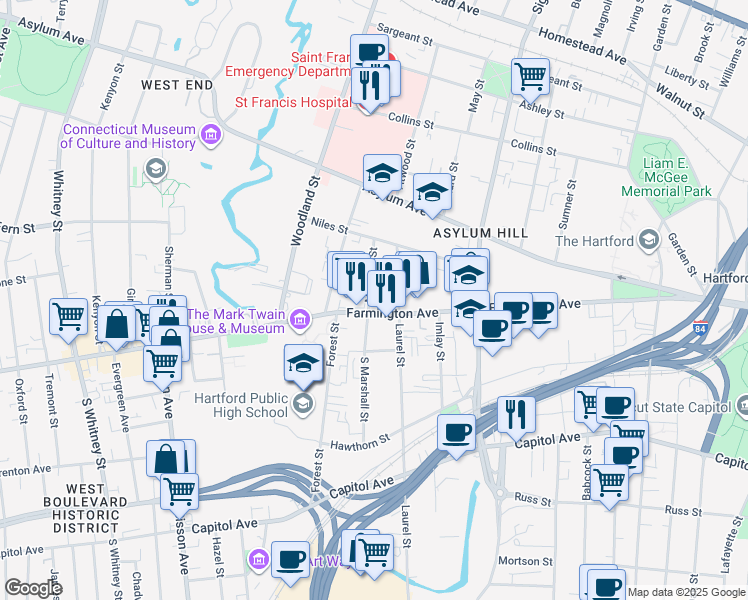 map of restaurants, bars, coffee shops, grocery stores, and more near 301 Farmington Avenue in Hartford