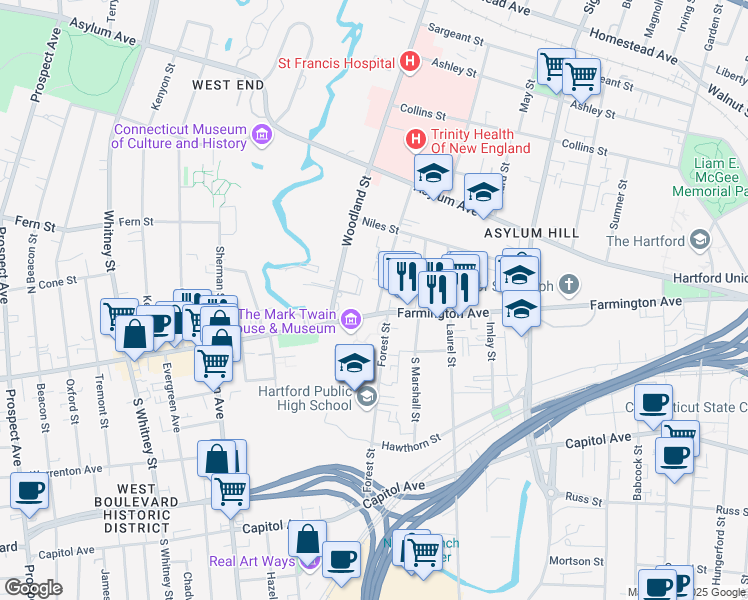 map of restaurants, bars, coffee shops, grocery stores, and more near in Hartford