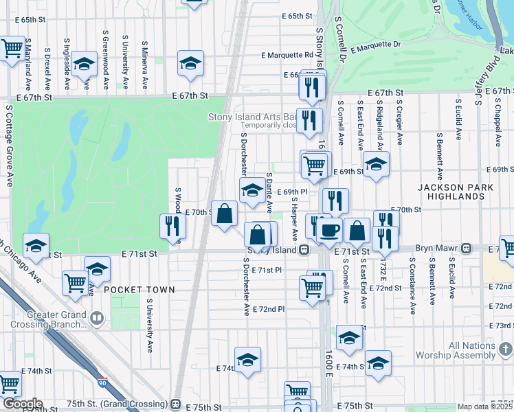map of restaurants, bars, coffee shops, grocery stores, and more near 7012 South Dorchester Avenue in Chicago