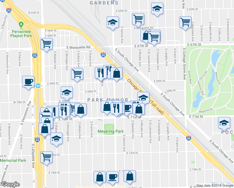 map of restaurants, bars, coffee shops, grocery stores, and more near 7001 South King Drive in Chicago
