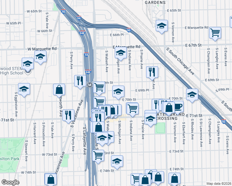 map of restaurants, bars, coffee shops, grocery stores, and more near 60 East 70th Street in Chicago
