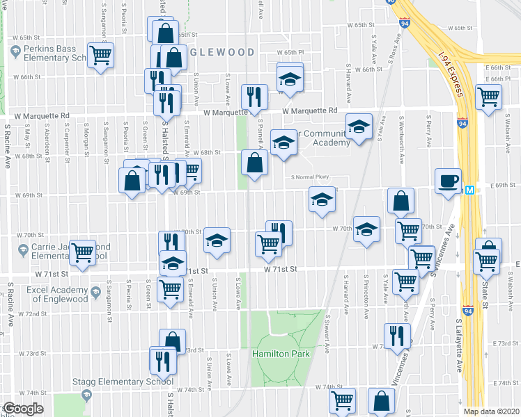 map of restaurants, bars, coffee shops, grocery stores, and more near 544 West 70th Street in Chicago