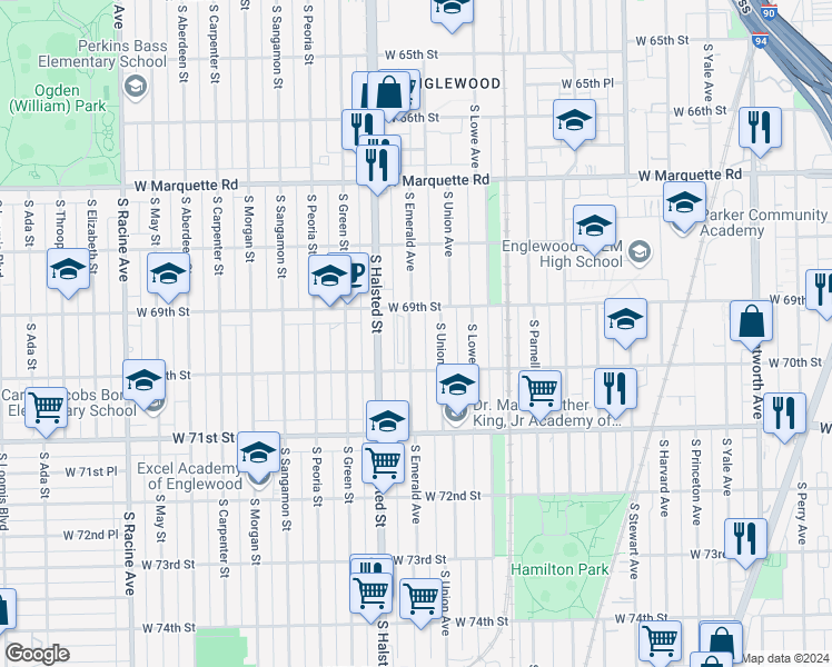 map of restaurants, bars, coffee shops, grocery stores, and more near 6948 South Emerald Avenue in Chicago