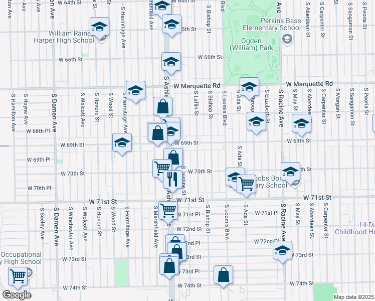 map of restaurants, bars, coffee shops, grocery stores, and more near 6934 South Justine Street in Chicago