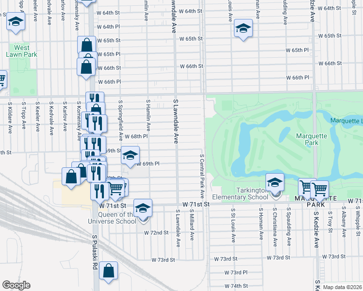 map of restaurants, bars, coffee shops, grocery stores, and more near 3631 West 69th Street in Chicago