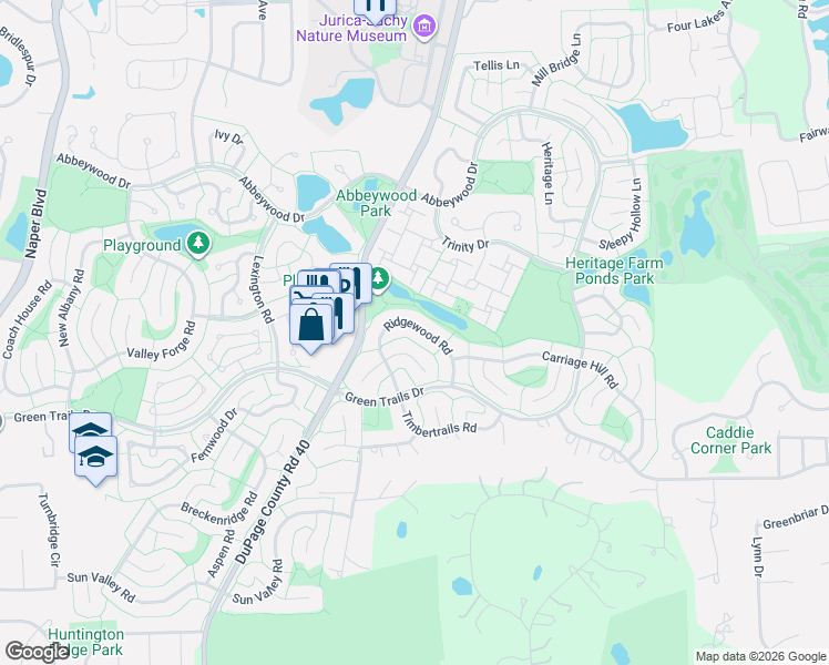 map of restaurants, bars, coffee shops, grocery stores, and more near 2386 Pepper Tree Court in Lisle