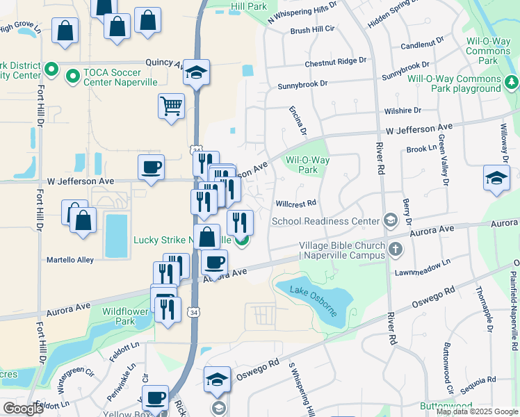 map of restaurants, bars, coffee shops, grocery stores, and more near 401 South Whispering Hills Drive in Naperville