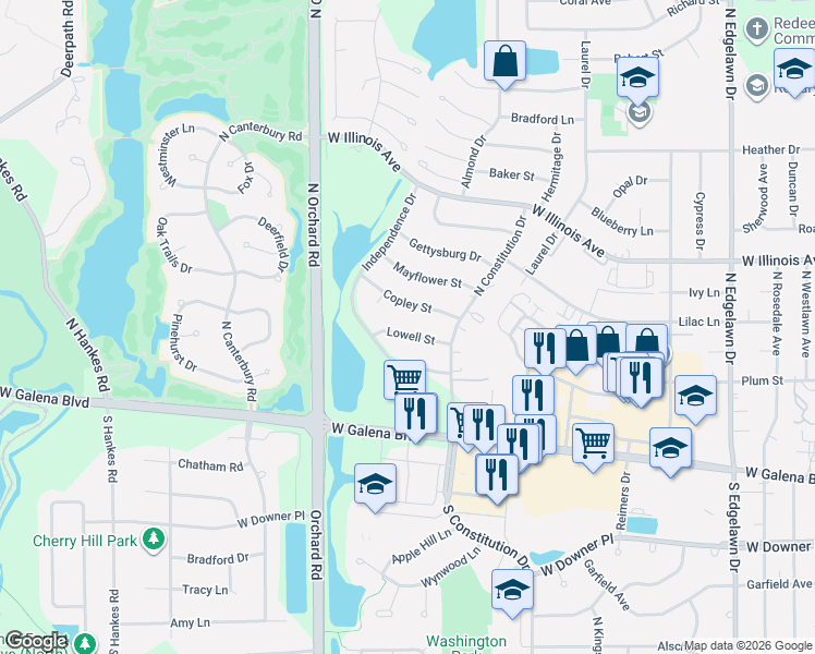 map of restaurants, bars, coffee shops, grocery stores, and more near 2301 Independence Drive in Aurora